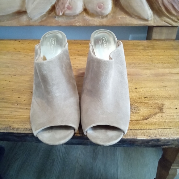 Coach Shoes - Coach Hollie Size 7.5 B Tan Suede 3.5" Wedge Heel platform Peep Toe